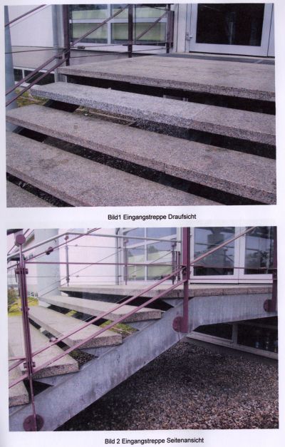 Mssen durch geeignete Stahlprofile gesichert werden: Die drei Eingangs-Treppenanlagen der Fritz-Mannherz-Mehrzweckhalle.